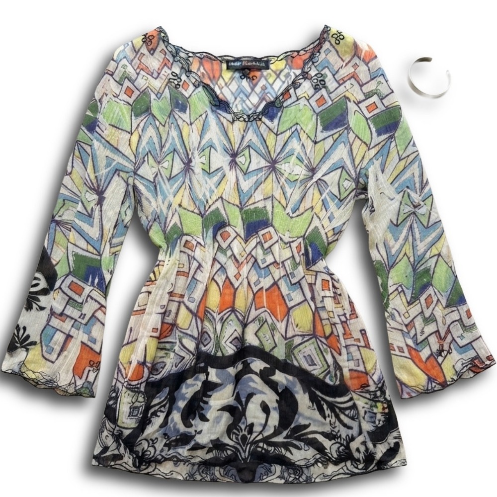 Mushka by Sienna Rose Sheer Geometric Tunic Top Bell Sleeve Smocked Waist Small